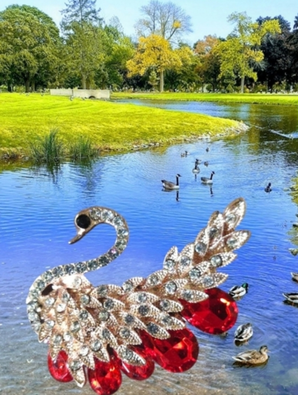 Red Crystal Swan Brooch